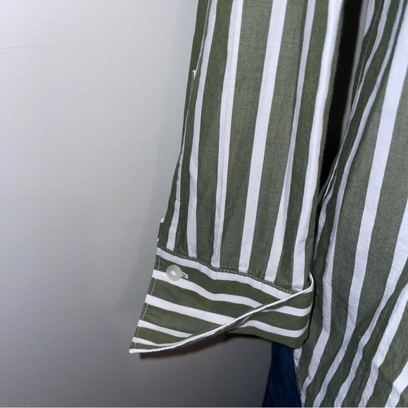 J Jill Button Down Shirt popover banded Mandarin collar cotton green stripe XS - Picture 4 of 10
